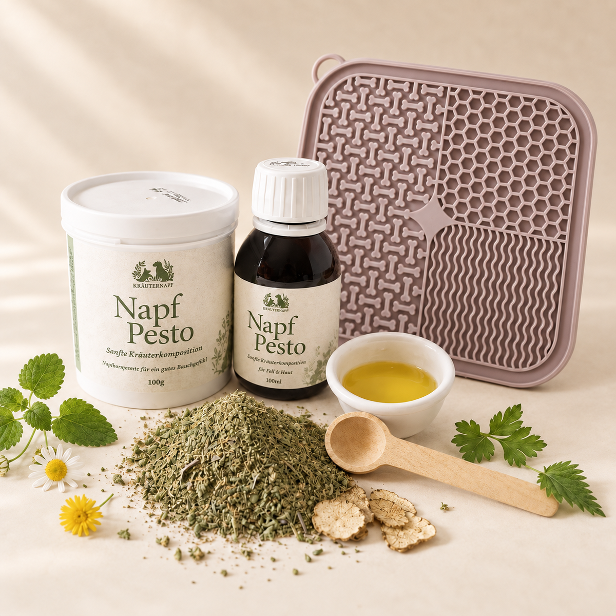 Napf Pesto Genussmoment Set mit Schleckmatte in Altrosa oder Grau