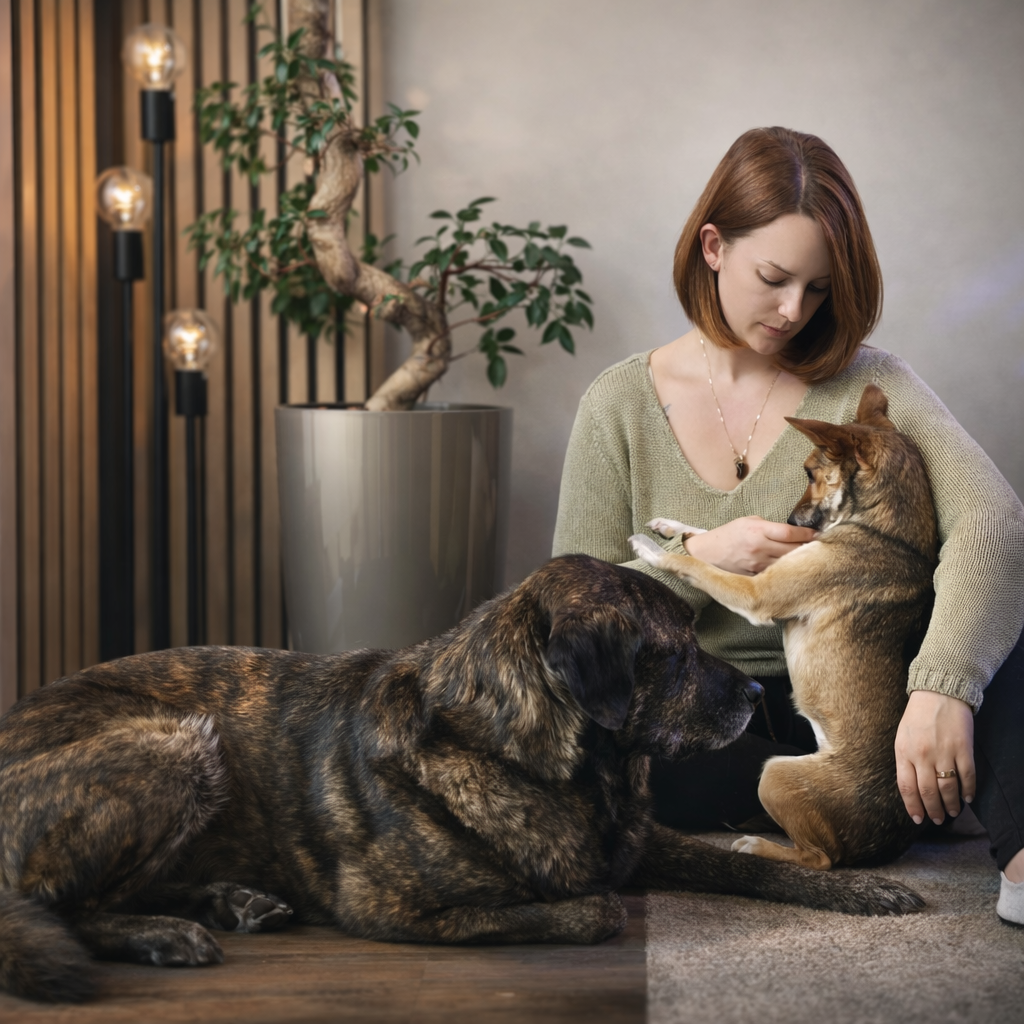Kerstin Hein, Gründerin von KräuterNapf, mit ihren Hunden Zazu und Luna