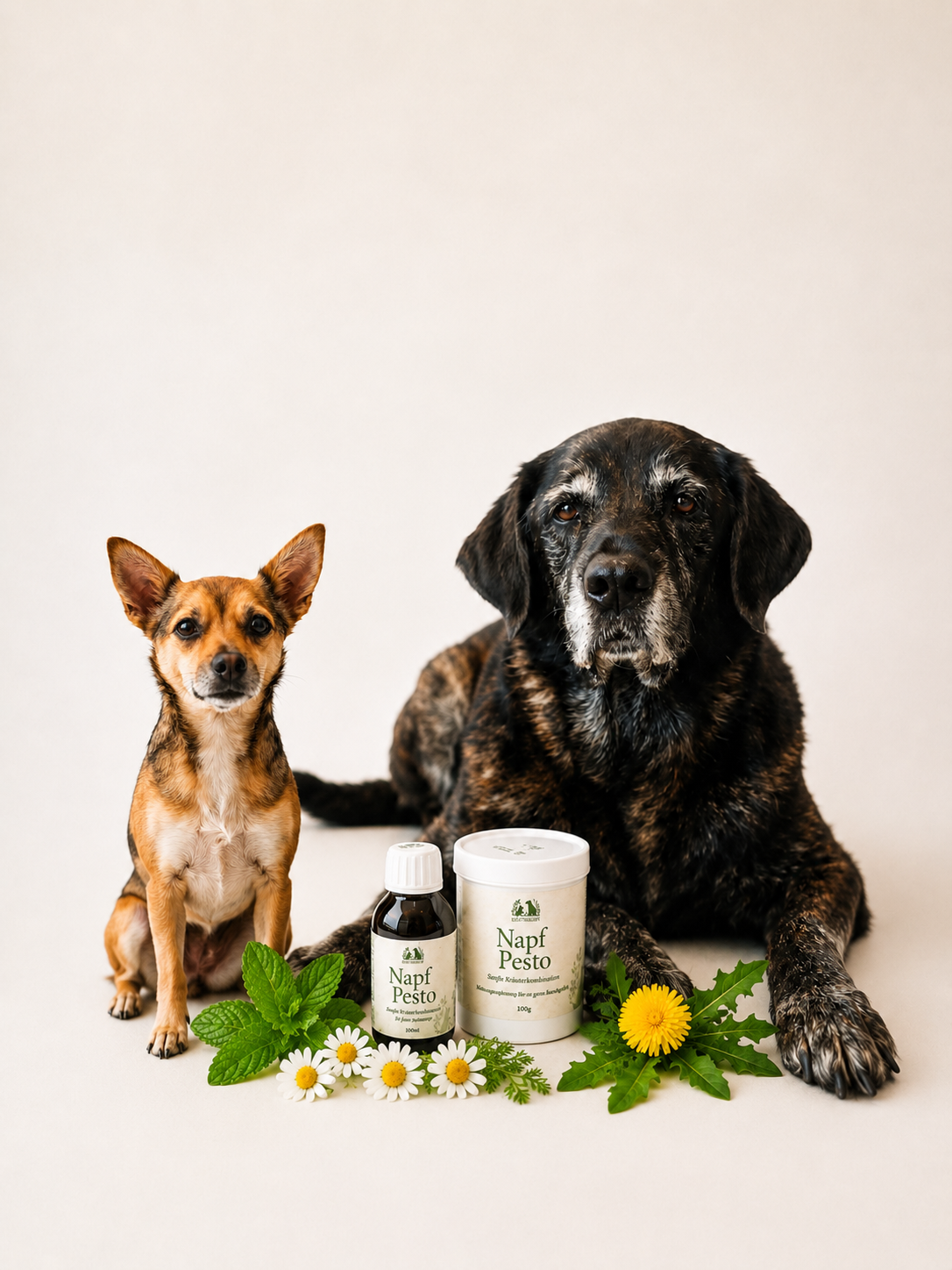 Zwei Hunde mit dem KräuterNapf Napf Pesto Set aus Kräutern und pflanzlichen Ölen