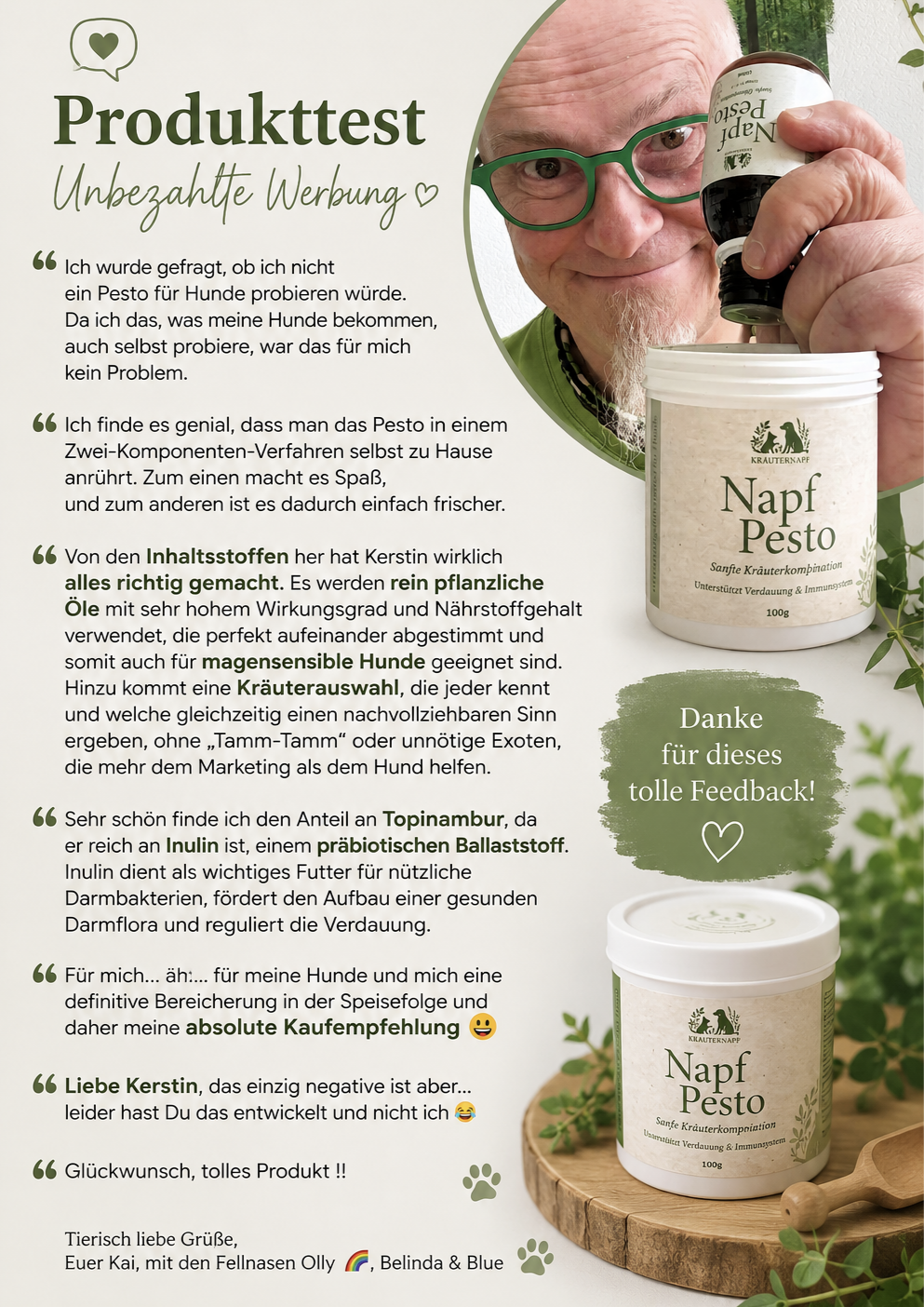 Produkttest von Kai (Balance Food4Dogs): Kai hält die Napf-Pesto-Flasche in der Hand und gibt seine unbezahlte, absolute Kaufempfehlung für Napf Pesto.